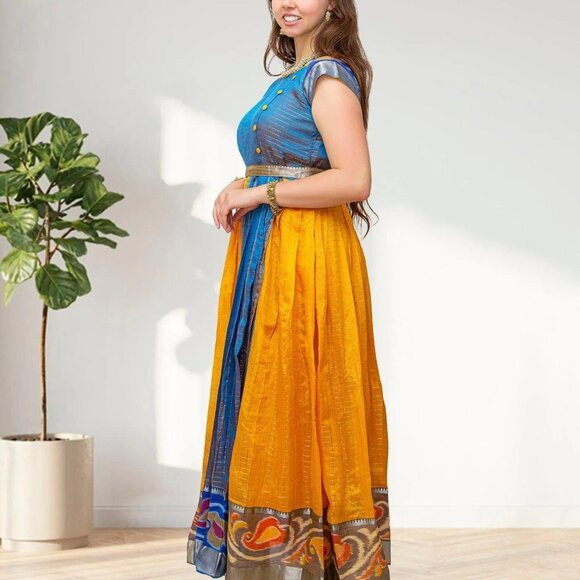 Yellow and Blue Silk Anarkali Dress | Muvvas Boutique - Picture 3 of 5